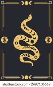 Rectangular golden frame with decorative floral snake in retro style. Abstract black serpent silhouette with floral elements inside.