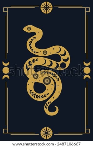 Rectangular golden frame with decorative floral snake in retro style. Abstract black serpent silhouette with floral elements inside.
