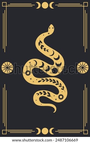 Rectangular golden frame with decorative floral snake in retro style. Abstract black serpent silhouette with floral elements inside.