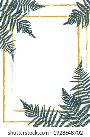 Rectangular golden frame with silhouettes of fern leaves - background with herbs and place for text for natural design