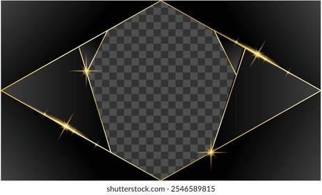 Quadro retangular dourado brilhante no fundo transparente do espaço de cópia preto. Planos de fundo e texturas conceito vetor arte
