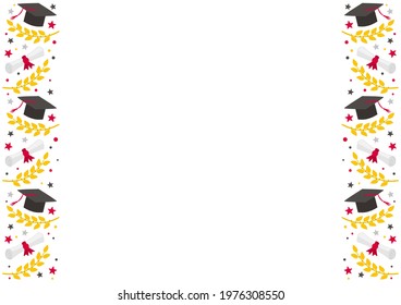 Rectangular graduation frame with doodle style elements. Hand drawn holiday background with laurel branches, stars and a graduate cap. Vector illustration for diplomas and certificates.