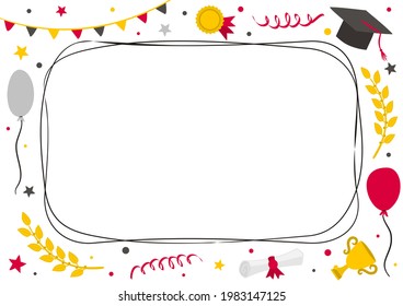 Rectangular graduation frame with doodle style elements. Hand drawn holiday background with laurel branches, balloons, stars and a graduate cap. Vector illustration for diplomas and certificates.