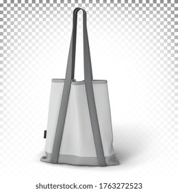 Rectangular gray eco bag with long handles isolated on a white background standing on the surface. 3d realistic mock up, template. Vector illustration.