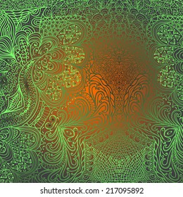 Rectangular green ornament against orange and gray background