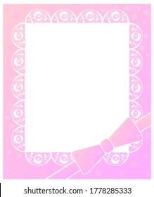 Rectangular greeting card, frame pink color with white lace and a bow. For girls and boys, newborns. Vector in a flat style.