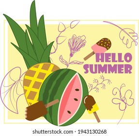Rectangular greeting card hello summer with pineapple and watermelon on yellow background