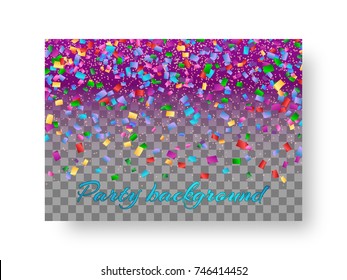 Rectangular greeting card template with flying confetti flickering particles for Christmas decorations on a transparent backdrop