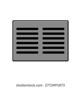 Rectangular grey storm drain or street grate isolated on a white background, representing drainage, ventilation, and urban infrastructure for water management and sewage systems
