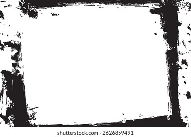 Rectangular grunge border element. Features thick, uneven black brush strokes forming a modern, abstract frame. Perfect for edgy photo overlays, graphic design accents, or unique backgrounds.