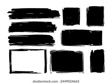 Rectangular grunge shapes drawn with a brush. Vector doodles, spots, brush stroke. Dry brush sketches.