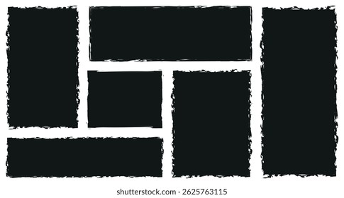 Rectangular grunge vector background. Black grunge vector rectangular and square text box frames. Hand drawn rough texture brush strokes.