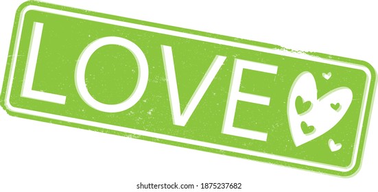 rectangular grungy green LOVE rubber stamp with heart shapes vector illustration