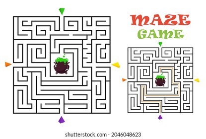 Rectangular halloween maze labyrinth game for kids. Logic conundrum. Four entrance and one right way to go. Vector flat illustration