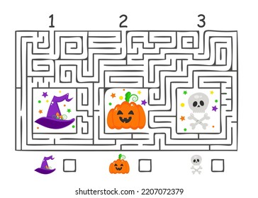 Rectangular halloween maze labyrinth game for kids. Labyrinth logic conundrum. Three entrances. Vector flat illustration