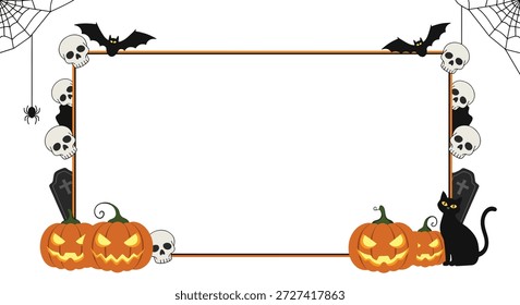 Ein rechteckiger Rahmen zum Thema Halloween, verziert mit geschnitzten Kürbissen, Schädeln, Fledermäusen und einer schwarzen Katze. Brauner Rand.