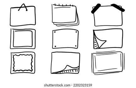 Rectangular hand drawn frames set. Collection of doodles in linear style with scribble borders. Simple drawn elements in the form of scratches. Black squares vector illustration isolated on white