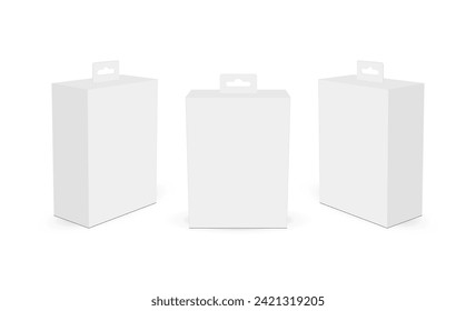 Rectangular Hang Tab Boxes Mockups, Front, Side View, Isolated On White Background. Vector Illustration