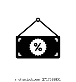Icono de promoción de tienda en blanco y negro de signo de venta colgante rectangular