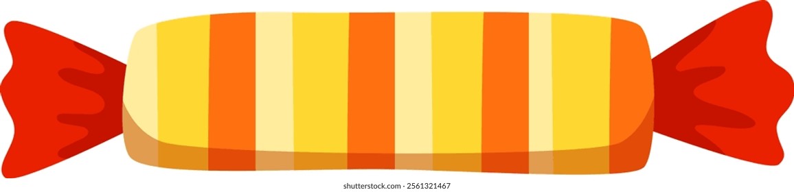 Rectangular hard candy featuring vibrant orange and yellow stripes, wrapped in shiny red paper, eagerly waiting to be unwrapped and savored for a delightful treat