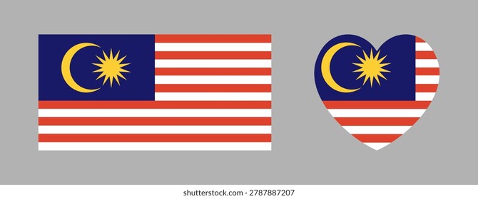 Rectangular, heart Malaysia Flag icon, sticker. Set of Malaysia Flag badge, banner. National symbol. Rectangle, heart Flag of Malaysia button, background.