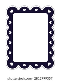 Rectangular heart scalloped black and white retro frame. Playful nostalgic aesthetic. Cute Y2K wavy rounded edges. Vintage line border template. Vector illustration for invitations, scrapbooks