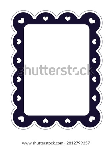 Rectangular heart scalloped black and white retro frame. Playful nostalgic aesthetic. Cute Y2K wavy rounded edges. Vintage line border template. Vector illustration for invitations, scrapbooks