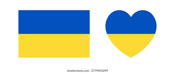 Rectangular, heart Ukrainian flag icon, sticker. Set of Flag of Ukraine heart, rectangle badge, button, banner, background. National symbol of Ukraine.