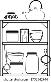 Rectangular high shelf with teapot, cups and strainers. A linear pattern. Vector illustration