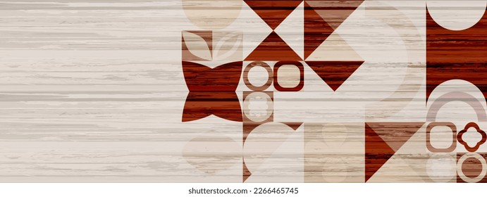Rectangular horizontal banner with light beige wood texture and geometric pattern. Laminate board, parquet board, floor board imitation, furniture board. Place for logos, messages, text placement. 