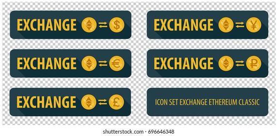 Rectangular horizontal button vector exchange crypto currency Ethereum Classic with other currencies. banner with arrows on a dark background and long shadows
