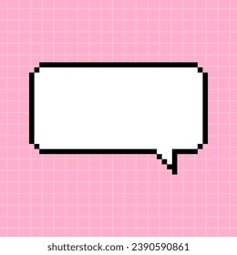 Rectangular horizontal cute horizontal frame in the shape of a pixelated dialog box on a pink checkered background. Vector minimalistic element in 8-bit retro gaming style, bubble.