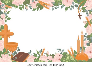 Rectangular horizontal frame with First Communion symbols. Vector. Golden wine cup, Grail, bread, Bible, rosary, wine, white roses, candles and crucifix. Clipart for First Communion invitations.