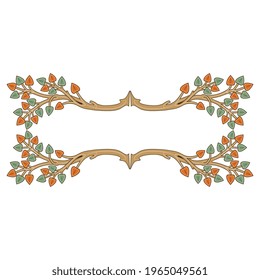 Rectangular horizontal frame with stylized tree branches. Medieval illuminated manuscript style.