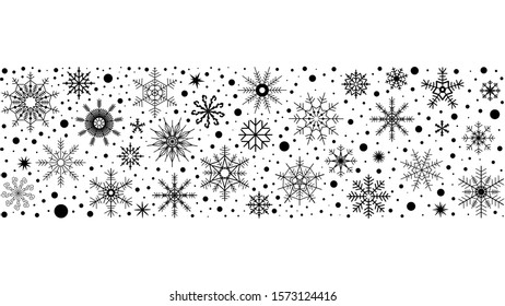 A rectangular horizontal pattern of black snowflakes on a white background. Vector stock christmas illustration