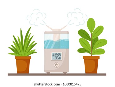 Rectangular humidifier with digital display and potted indoor plants. The concept of using an ultrasonic mist diffuser for the care of home flowers. Flat vector illustration. Isolated on white.