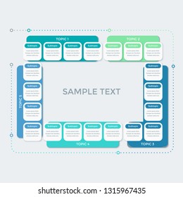 Rectangular infographic design for business presentation, data visualization. Template for 5 different options with topics, subtopics and data. Vector illustration in flat style