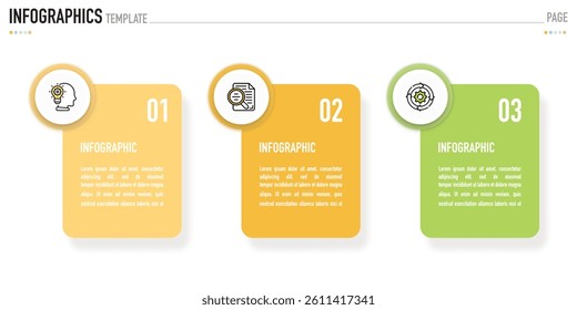 Rectangular infographic template or element with 3 step, process, option, colorful rectangle, icons, triangle, paper origami, button, tag, circle, circular, square bar for sale slide, internet planner