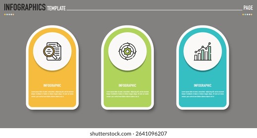 Rectangular infographic template or element with 3 step, process, option, colorful rectangle, icons, triangle, paper origami, button, tag, circle, circular, square bar for sale slide, internet planner