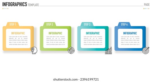 Rectangular infographic template or element with 4 step, process, option, colorful rectangle, icons, folder, paper origami, button, tag, circle, circular, square bar for sale slide, internet planner