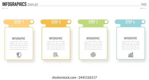 Plantilla de infografía rectangular o elemento con 4 pasos, proceso, opción, rectángulo colorido, iconos, triángulo, papel origami, botón, etiqueta, círculo, circular, barra cuadrada para la diapositiva de venta, planificador de Internet