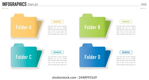 Rectangular infographic template or element with 4 step, process, option, colorful rectangle, icons, folder, paper origami, button, tag, circle, circular, square bar for sale slide, internet planner