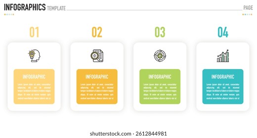 Rectangular infographic template or element with 4 step, process, option, colorful rectangle, icons, triangle, paper origami, button, tag, circle, circular, square bar for sale slide, internet planner
