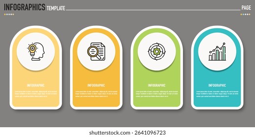 Rectangular infographic template or element with 4 step, process, option, colorful rectangle, icons, triangle, paper origami, button, tag, circle, circular, square bar for sale slide, internet planner