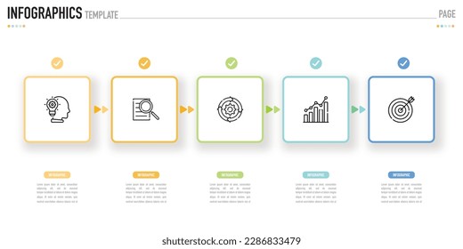 Plantilla o elemento infográfico rectangular con 5 pasos, proceso, opción, rectángulo colorido, iconos, triángulo, origami de papel, botón, etiqueta, círculo, circular, barra cuadrada para la venta diapositiva, planificador de internet