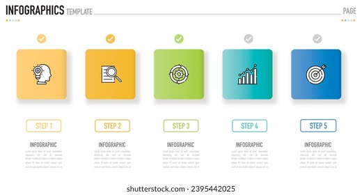 Rectangular infographic template or element with 5 step, process, option, colorful rectangle, square, correct sign, label, icons, paper origami, minimal, modern style for sale slide, flowchart, web