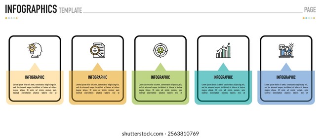 Rectangular infographic template or element with 5 step, process, option, colorful rectangle, icons, triangle, paper origami, button, tag, circle, circular, square bar for sale slide, internet planner