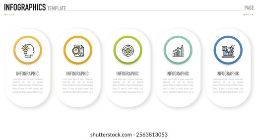 Rectangular infographic template or element with 5 step, process, option, colorful rectangle, icons, triangle, paper origami, button, tag, circle, circular, square bar for sale slide, internet planner