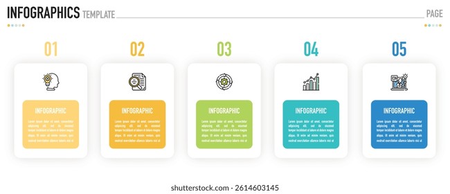 Rectangular infographic template or element with 5 step, process, option, colorful rectangle, icons, triangle, paper origami, button, tag, circle, circular, square bar for sale slide, internet planner