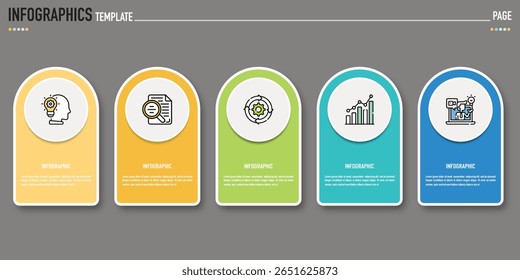 Modelo infográfico retangular ou elemento com 5 passos, processo, opção, retângulo colorido, ícones, triângulo, origami de papel, botão, tag, círculo, circular, barra quadrada para slide de venda, planejador de internet